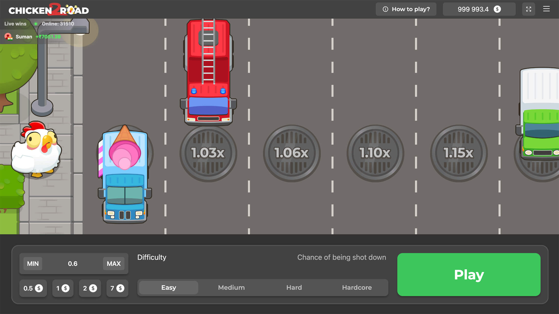 Zrzut ekranu z gry Chicken Road 2 od InOut Games – kurczak na pasach przed ciężarówką, poziom Easy z mnożnikiem 1.03x do 1.15x, gra crash online
