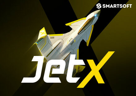 Logo gry JetX od Smartsoft – futurystyczny myśliwiec startujący w powietrze na tle litery X