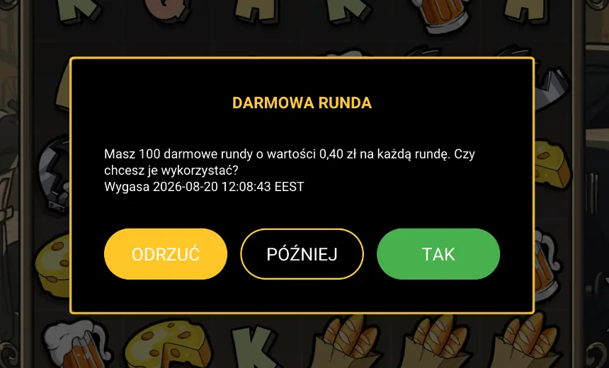 Okno aktywacji 100 darmowych rund Vavada po 0,40 zł w grze Le Bandit
