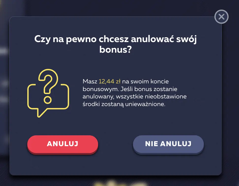 Potwierdzenie anulowania bonusu Vavada z saldem 12,44 zł