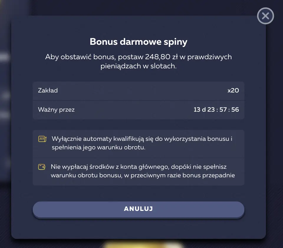 Wager x20 bonusu Vavada i wymagany obrót 248,80 zł