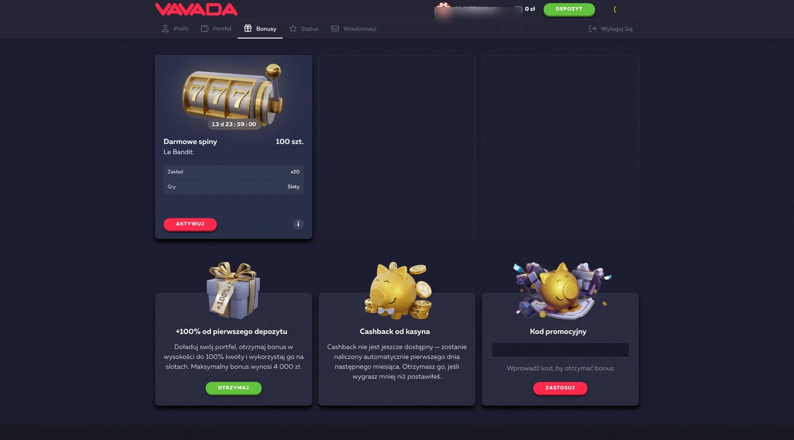 Standardowe 100 spinów, bonus depozytowy, cashback i pole kodu promocyjnego w Vavada