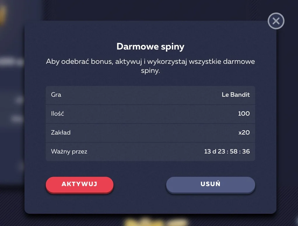 100 darmowych spinów w Le Bandit z wymaganiem obrotu x20 i ważnością 14 dni