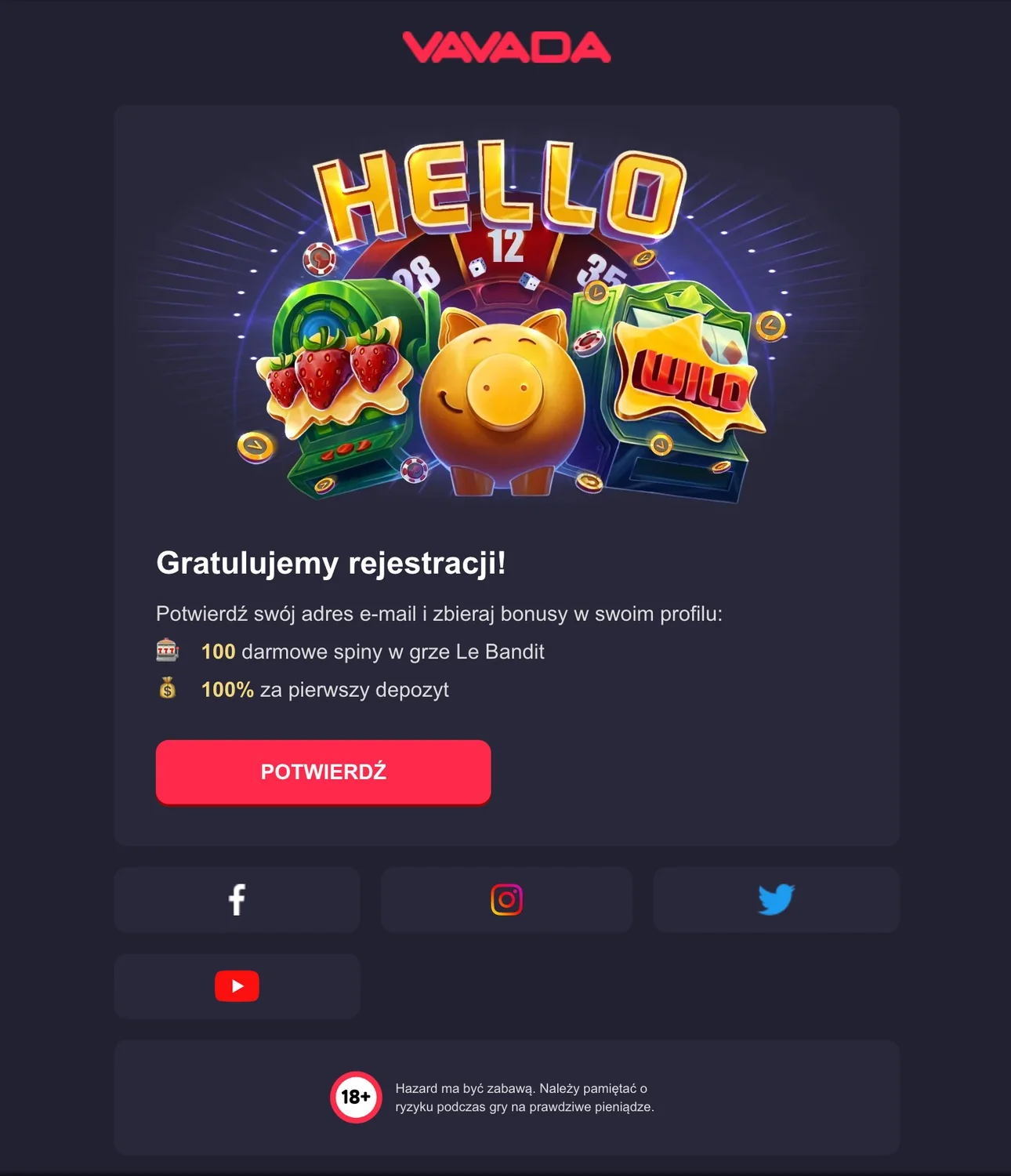 E-mail Vavada z informacją o 100 spinach w Le Bandit i bonusie od pierwszego depozytu