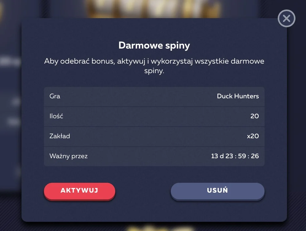 20 darmowych spinów w Duck Hunters z wagerem x20 i ważnością około 14 dni