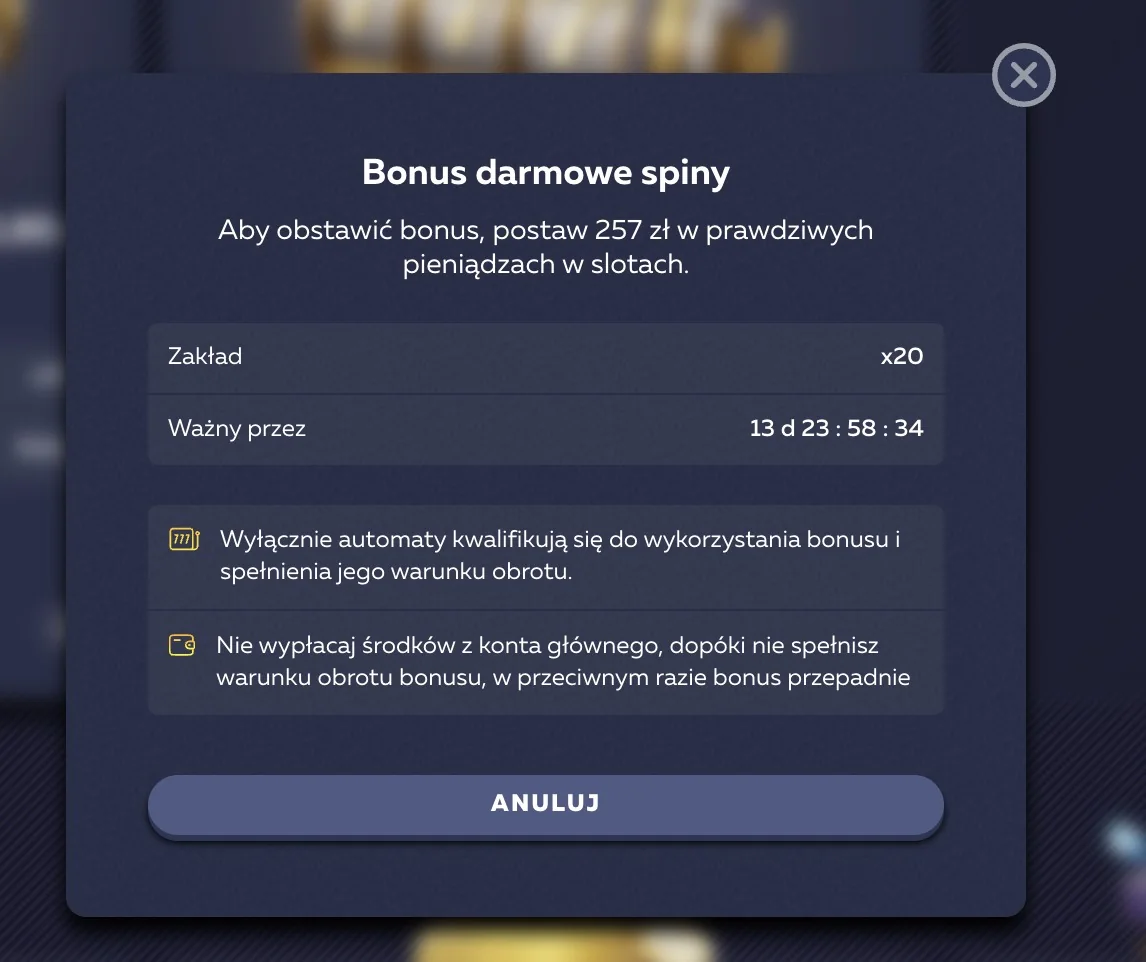 Wager x20 wymagający postawienia 257 PLN po wygranej z darmowych spinów